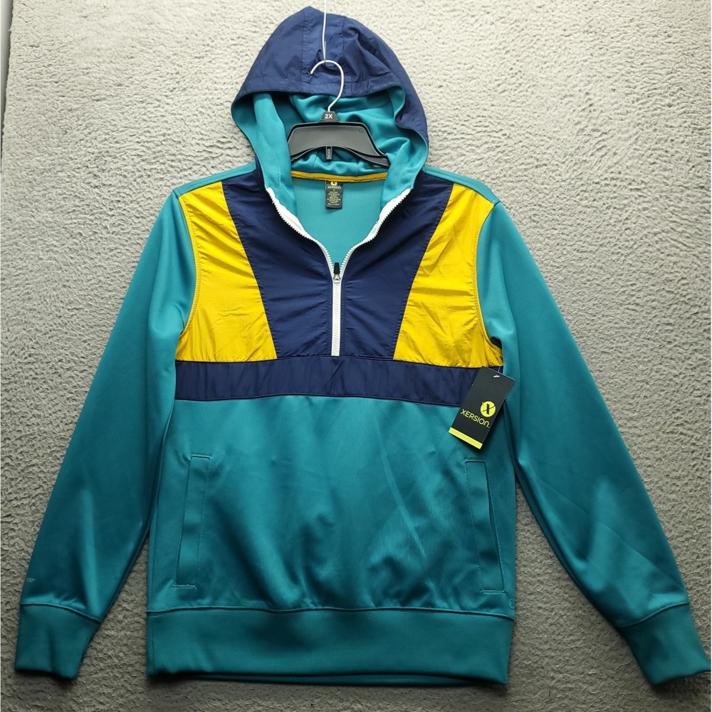Xersion Track‎ Jacket Mens Small Multi Raglan Sleeve Stretch Hooded Quarter Zip